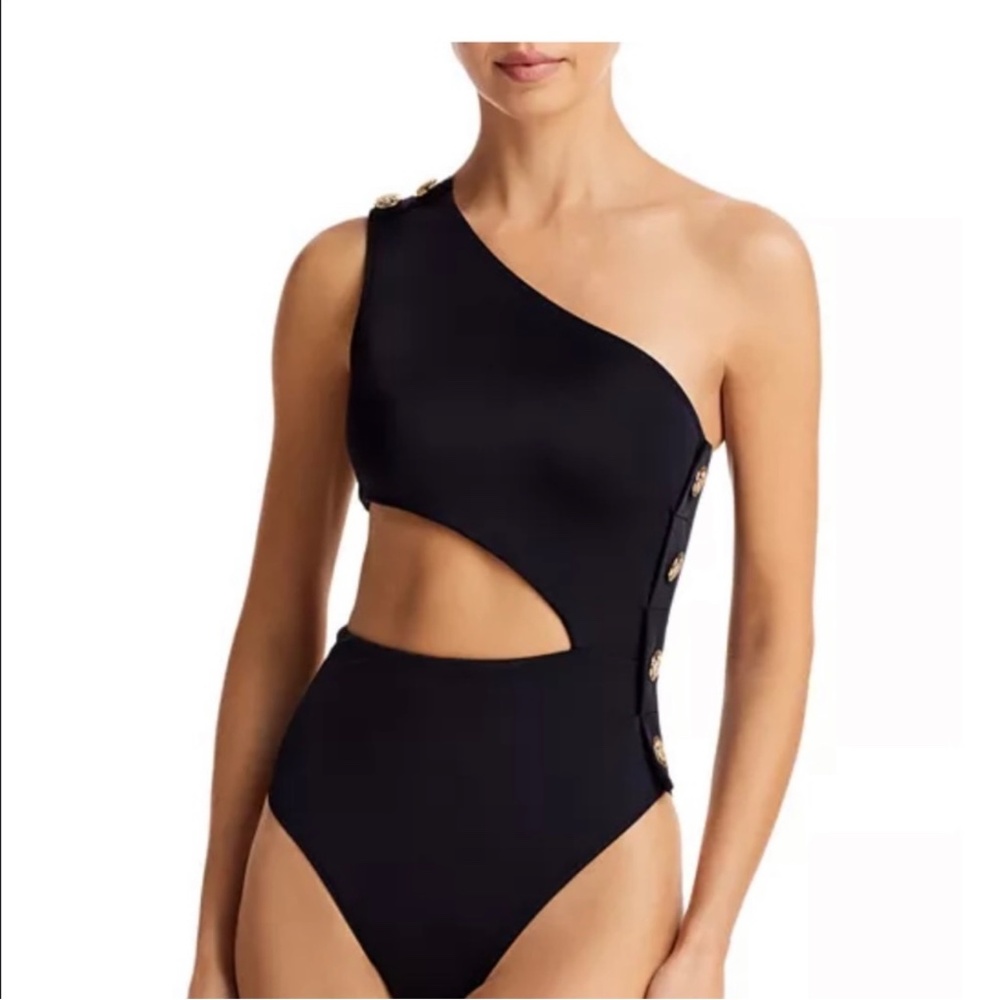 OYE Swimwear/Bathing Suit RHEA with Gold Buttons One Shoulder Side Cut Out - Picture 8 of 10